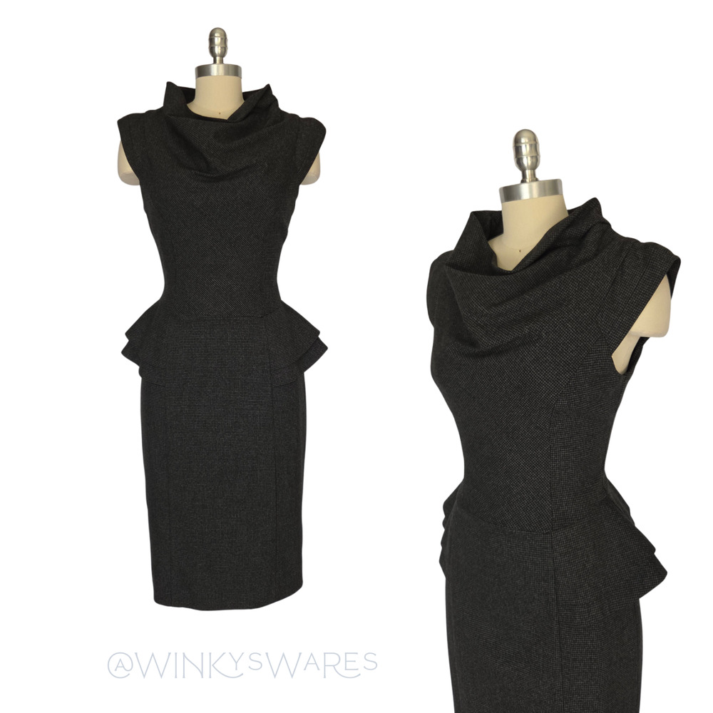 Cue Australia Midi Dress Size S M Tweed Peplum Pencil Cowl Neck Career Gray
